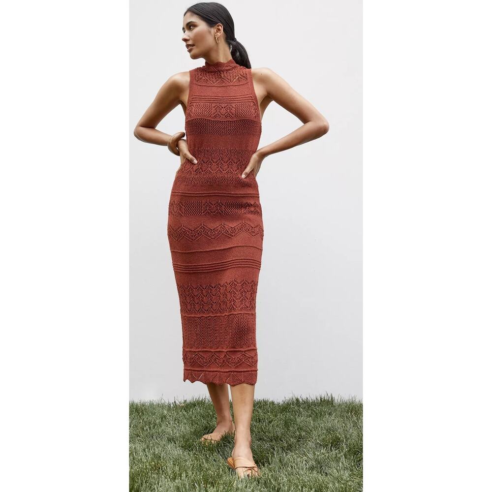 Anthropologie Crochet Midi terra cotta mock neck openwork knit Dress, size xs